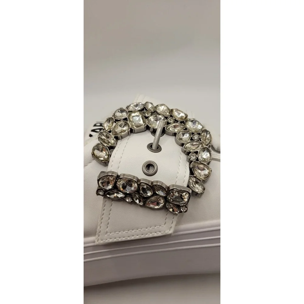 White Leather With Crystal Trim Buckle Karl Lagerfeld Platform Sneakers Size 6.5